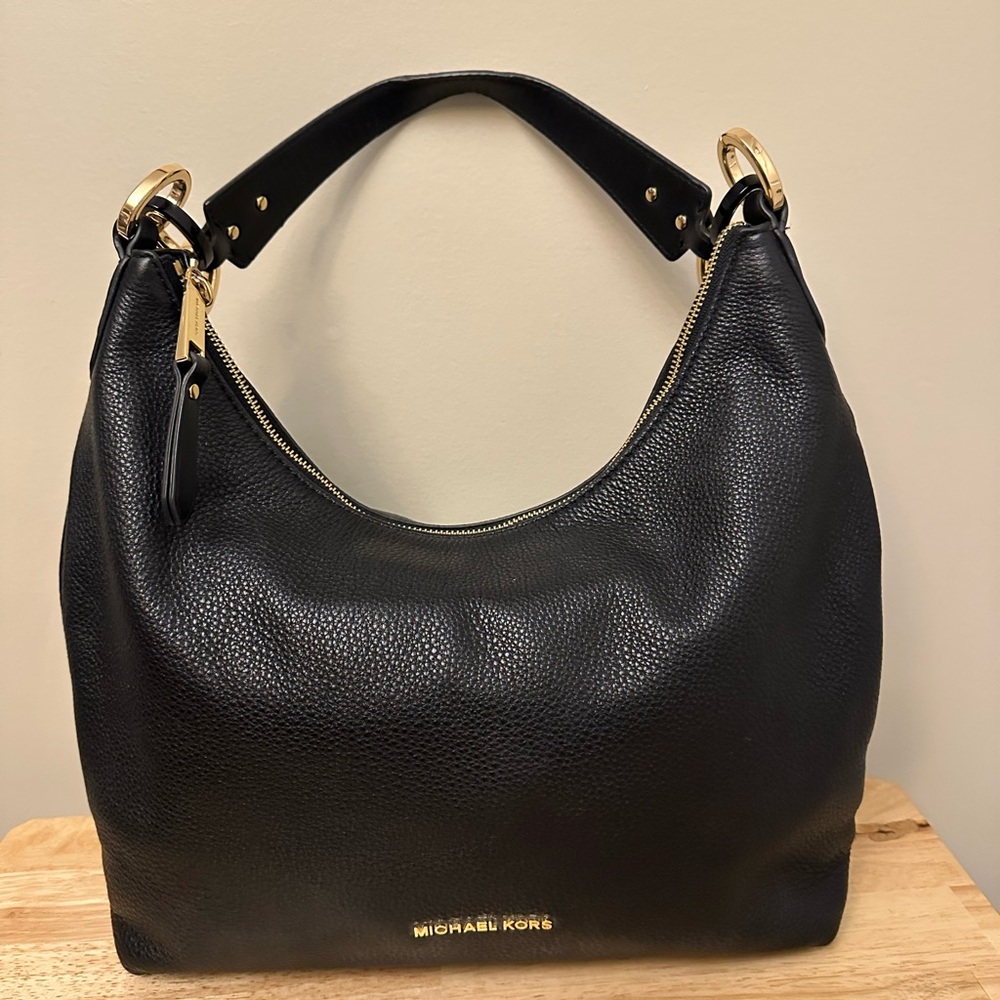 Michael Kors Black Leather Hobo Bag with Gold Accents - Picture 4 of 8